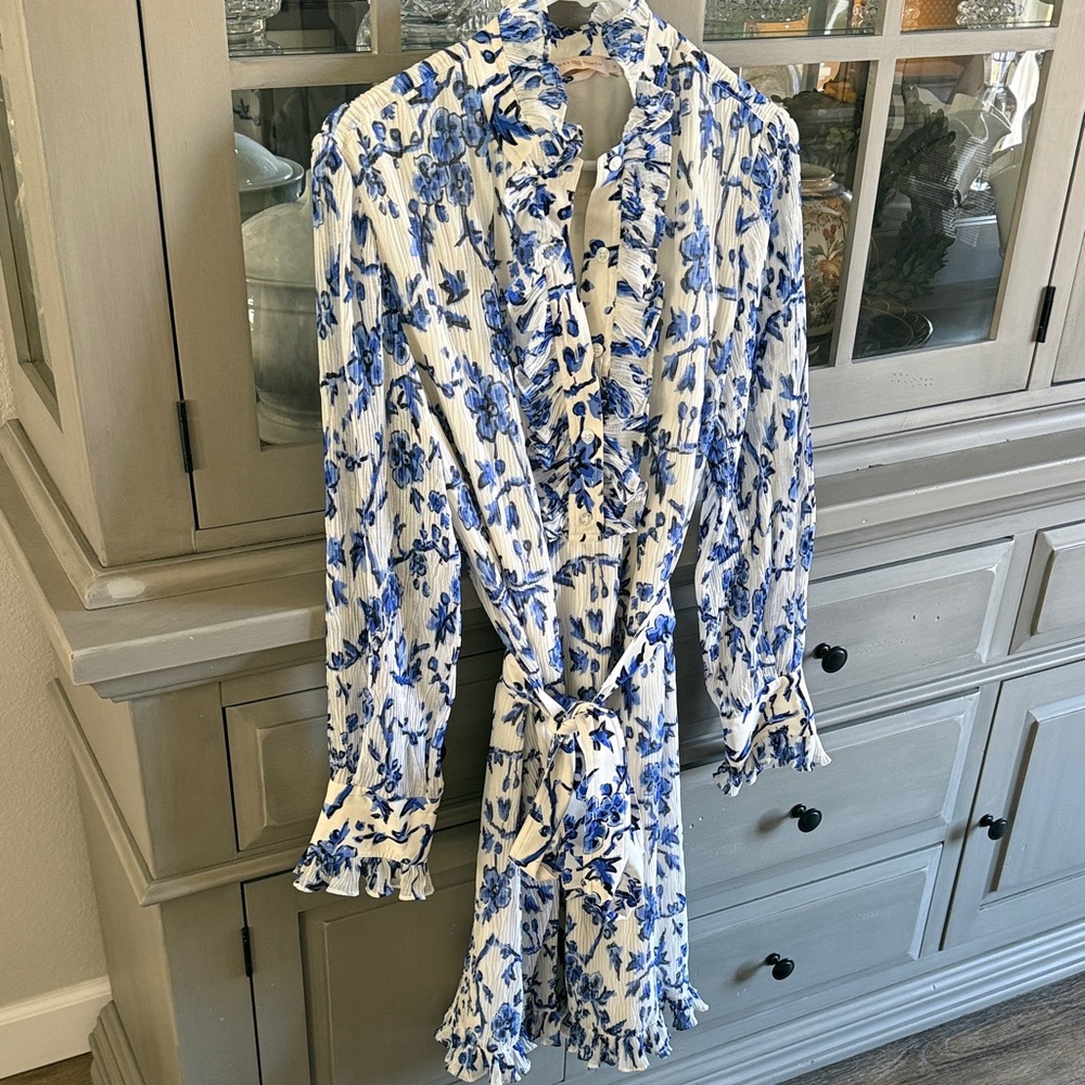 Tory Burch Blue and White Floral Ruffle Blouse